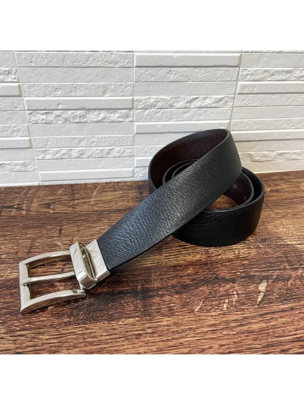 Prada Saffiano Leather Silver Buckle Belt Black